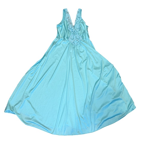 Olga Aqua Blue Satin Nightgown Lace Vintage Long Gown Size XXL 1980s - Picture 2 of 5